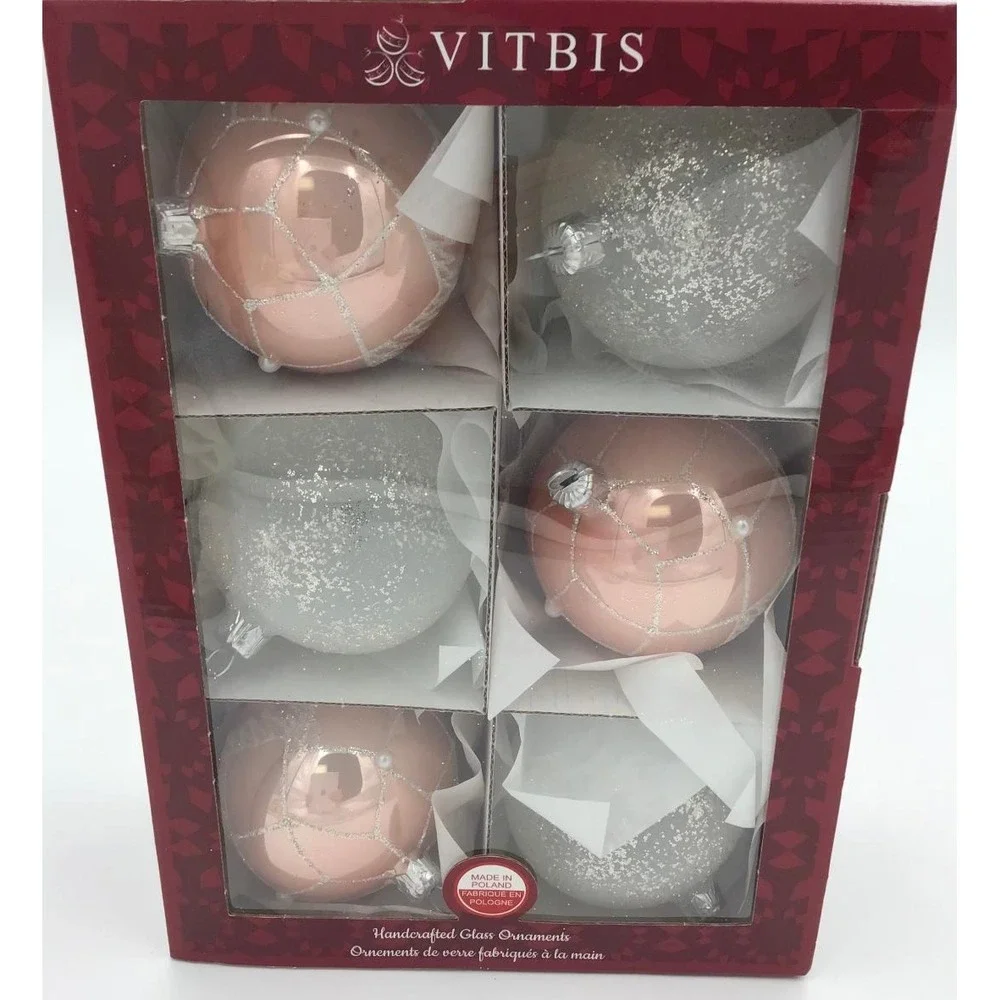 Vitbis Handcrafted Glass Ornaments Set of 12 Rose Gold White Glitter Poland